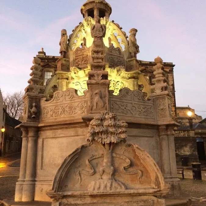 The restored Cross Well monument in Linlithgow town centre